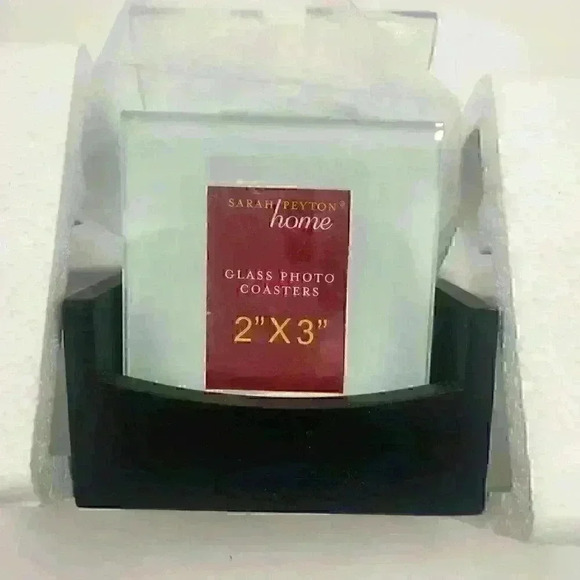 Set of 4 Frosted Glass Photo Coasters with Wood Stand by Sarah Peyton Home - Picture 3 of 14